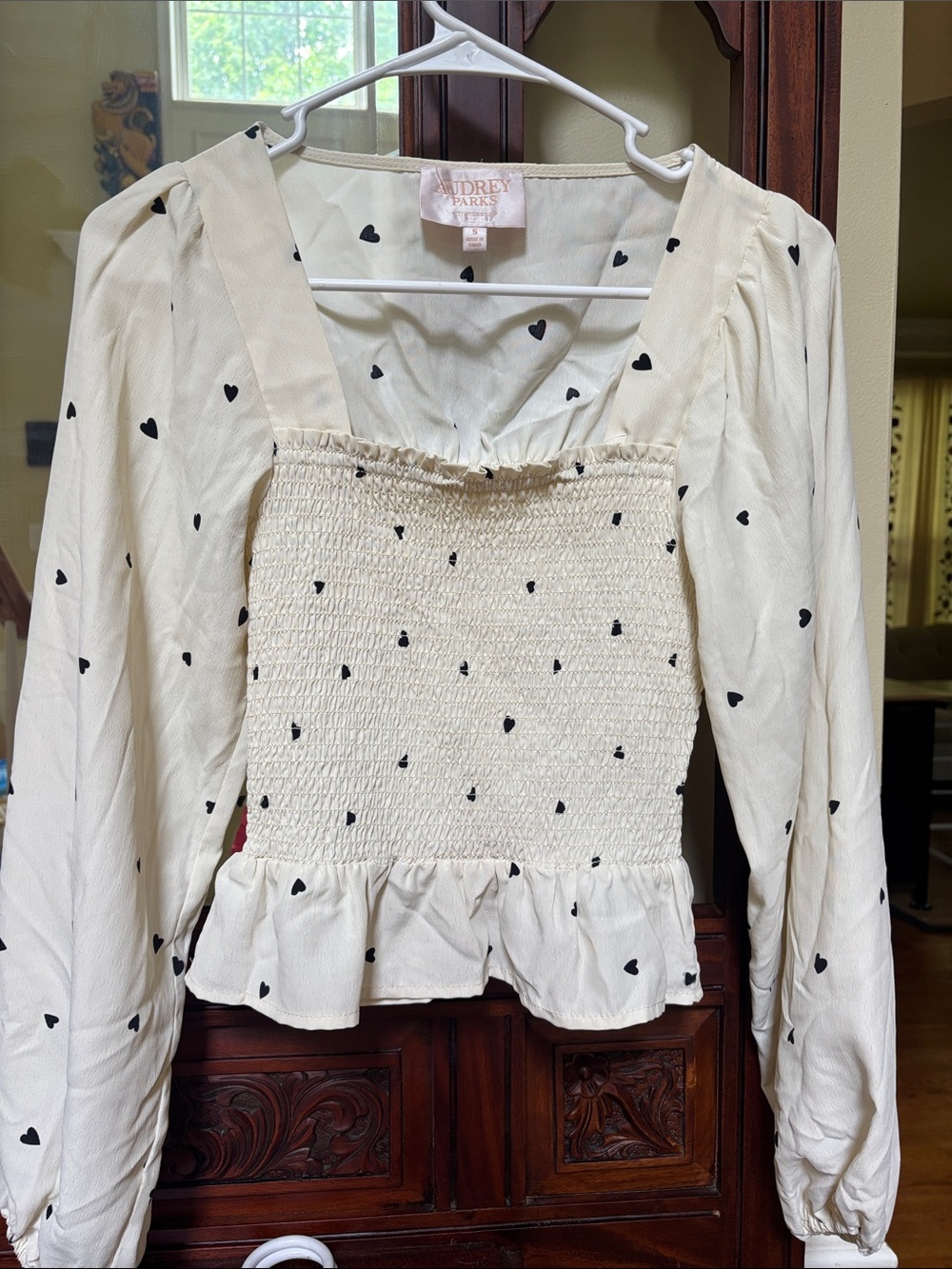Audrey Parks Cream Smocked Heart-Print Long Sleeve Blouse